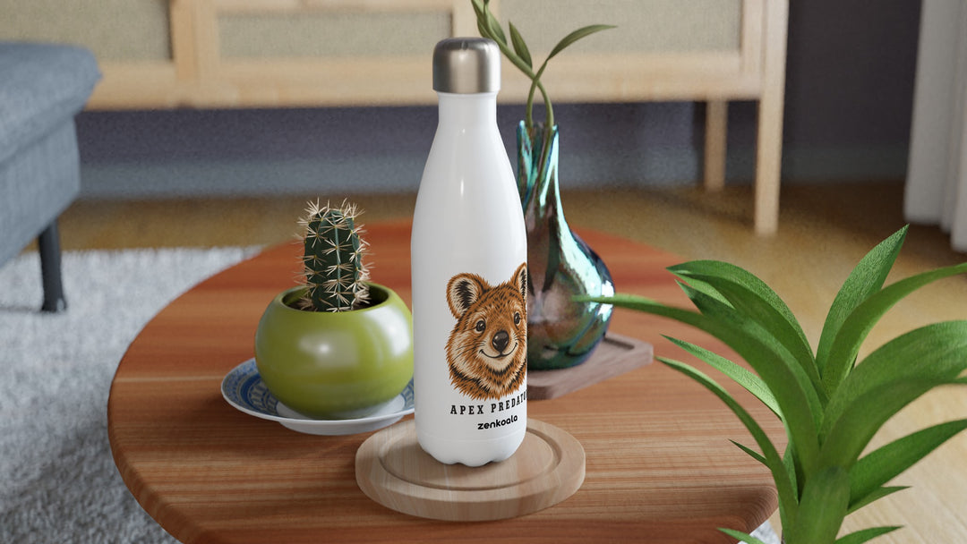 Apex Predator water bottle on a wooden table with a cactus, Zen Koala Australia