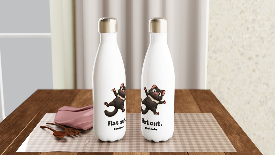 Two Flat Out water bottles on a table, Zen Koala Australia