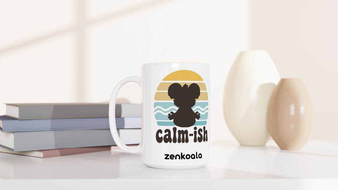 Calm-ish Retro Sunset Koala 15oz mug beside books and vases, Zen Koala Australia