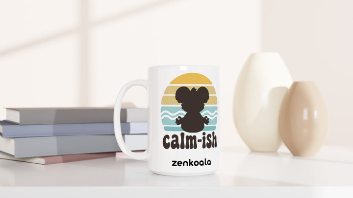 Calm-ish Retro Sunset Koala 15oz mug beside books and vases, Zen Koala Australia