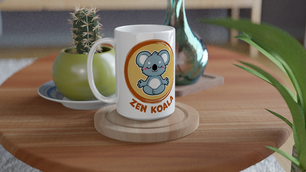Zen Koala 15oz mug on a wooden table with a cactus, Zen Koala Australia