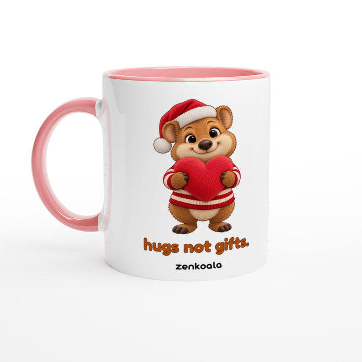 Hugs Not Gifts mug in pink: white with a pink rim, inside and handle, Zen Koala Australia