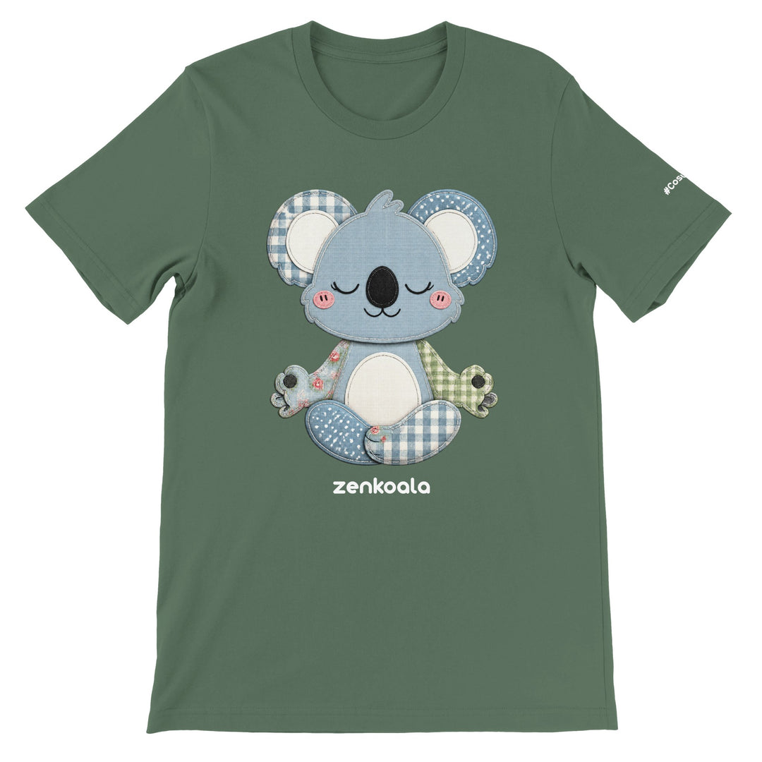 Faux Patchwork Meditating Koala feel-good tee in military green — Zen Koala Australia
