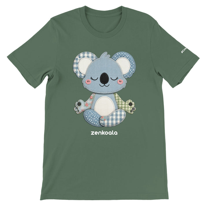 Faux Patchwork Meditating Koala feel-good tee in military green — Zen Koala Australia