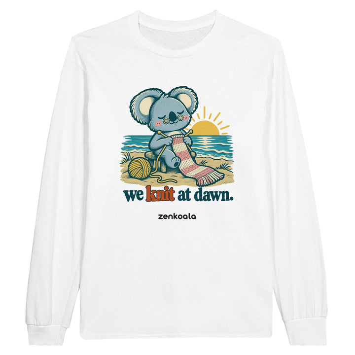 We Knit at Dawn feel-good long sleeve tee in white, Zen Koala Australia