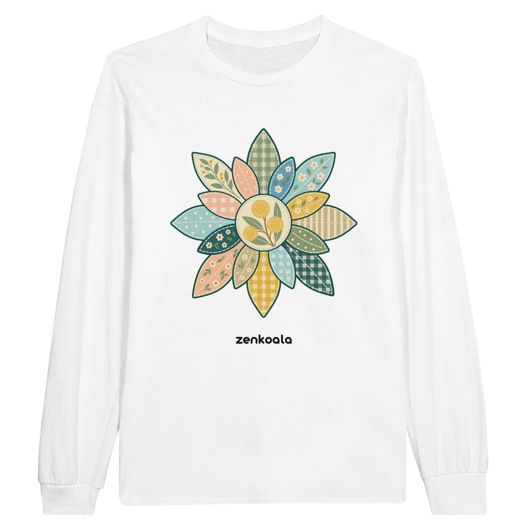 Wattle Mandala feel-good long sleeve tee in white, Zen Koala Australia
