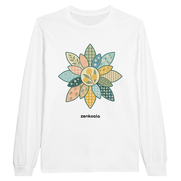 Wattle Mandala feel-good long sleeve tee in white, Zen Koala Australia