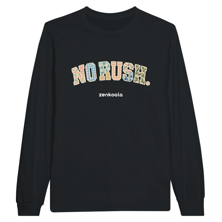 No Rush Faux Patchwork feel-good long sleeve tee in black: soft faux patchwork letters with florals and gingham, Zen Koala Australia
