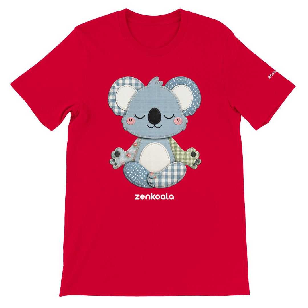 Faux Patchwork Meditating Koala feel-good tee in red — Zen Koala Australia