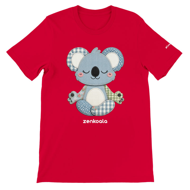 Faux Patchwork Meditating Koala feel-good tee in red — Zen Koala Australia