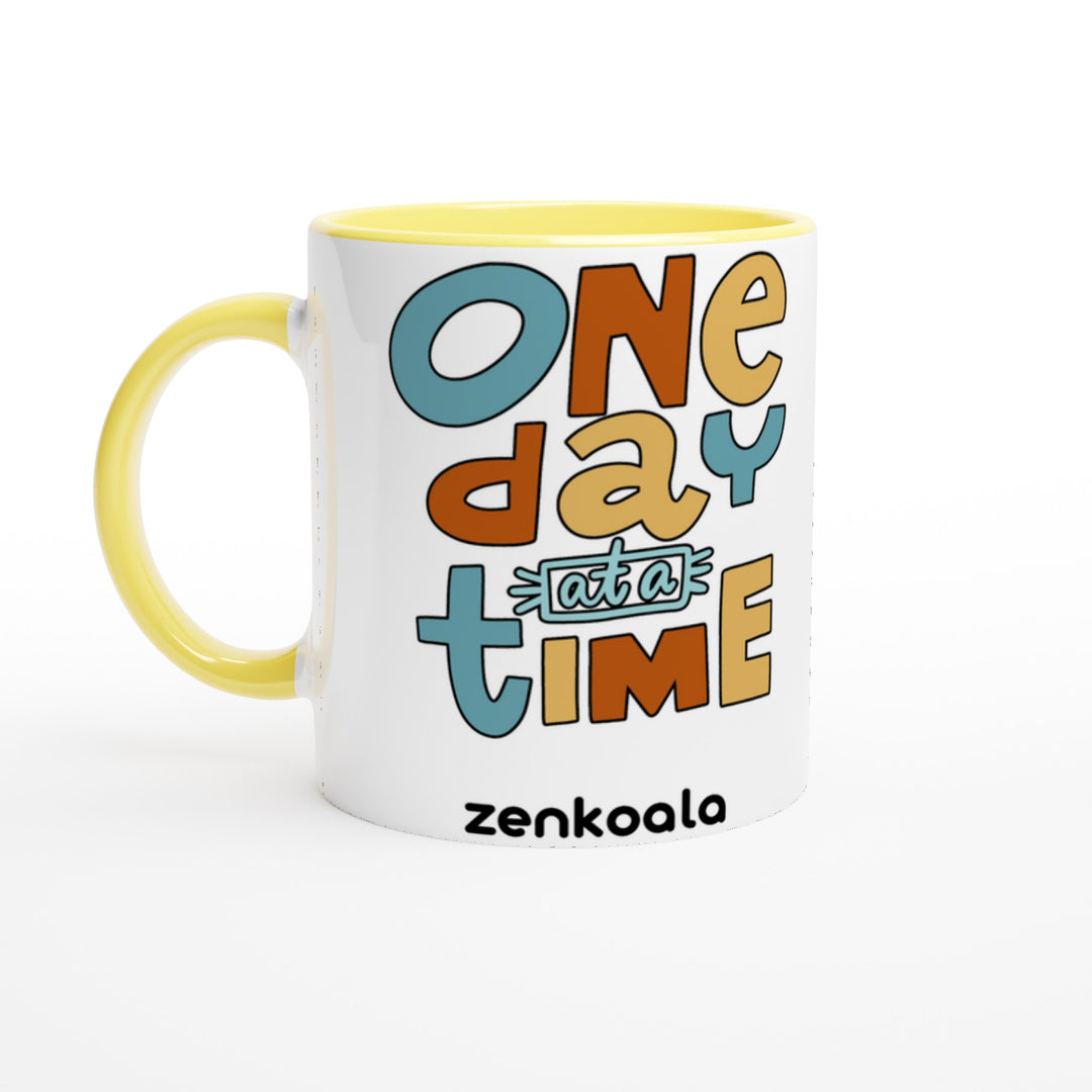 One Day at a Time feel-good mug: bright retro letters, one day at a time, Zen Koala Australia