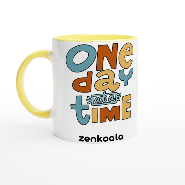 One Day at a Time feel-good mug: bright retro letters, one day at a time, Zen Koala Australia