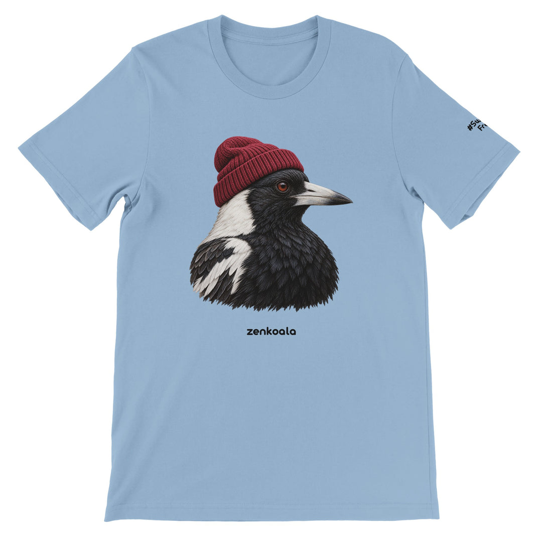 Magpie Beanie feel-good tee in light blue: a magpie in a beanie, Zen Koala Australia