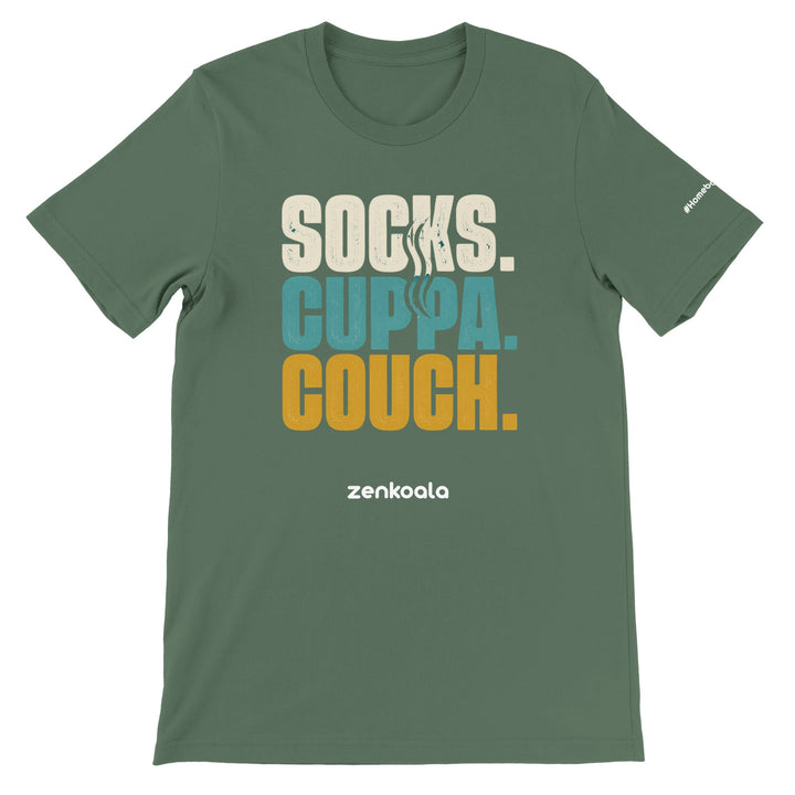 Socks Cuppa Couch feel-good tee in military green — Zen Koala Australia