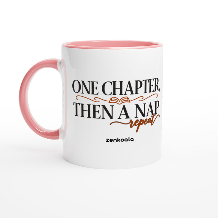 One Chapter Then a Nap mug in pink: white with a pink rim, inside and handle, Zen Koala Australia