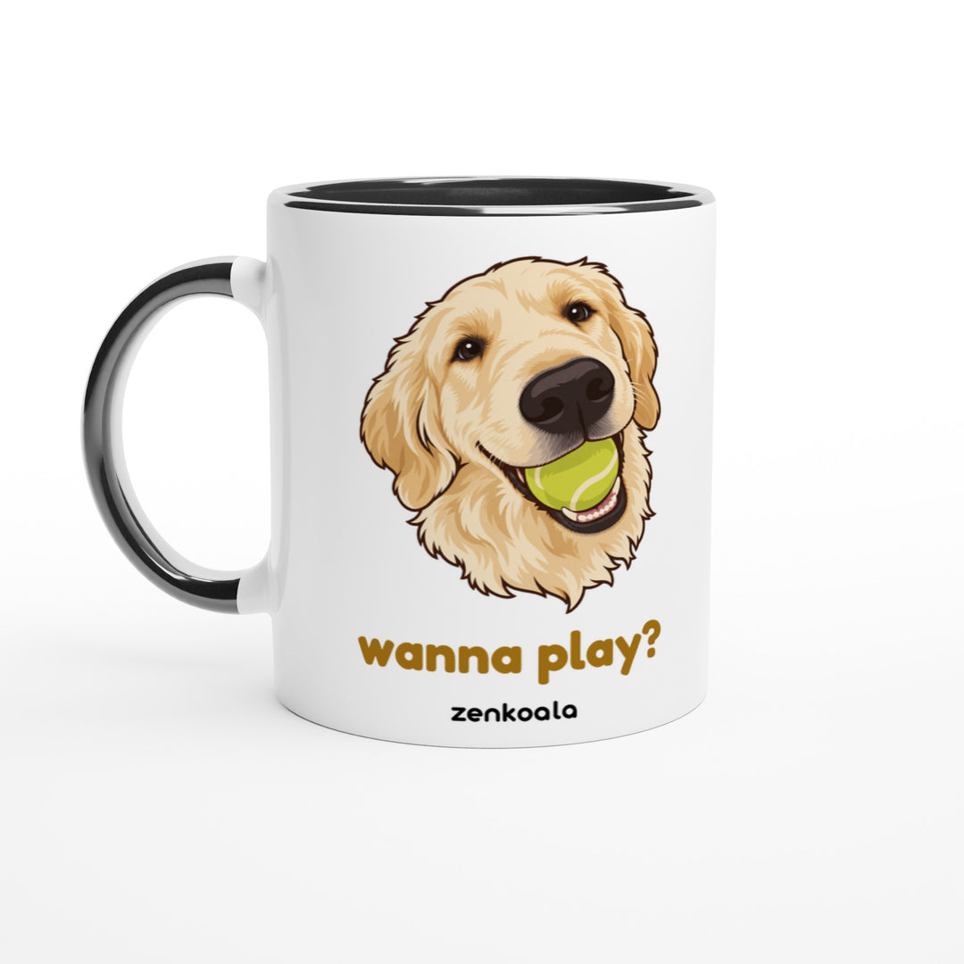 Wanna Play? mug in black: white with a black rim, inside and handle, Zen Koala Australia