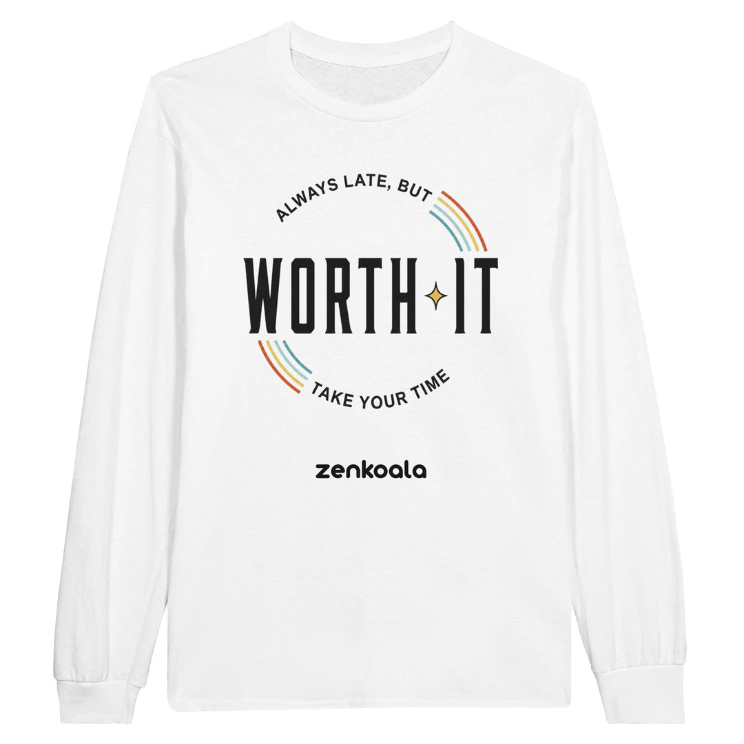 Always Late But Worth It long sleeve tee in white — a retro badge with rainbow stripes and a sparkle, Zen Koala Australia