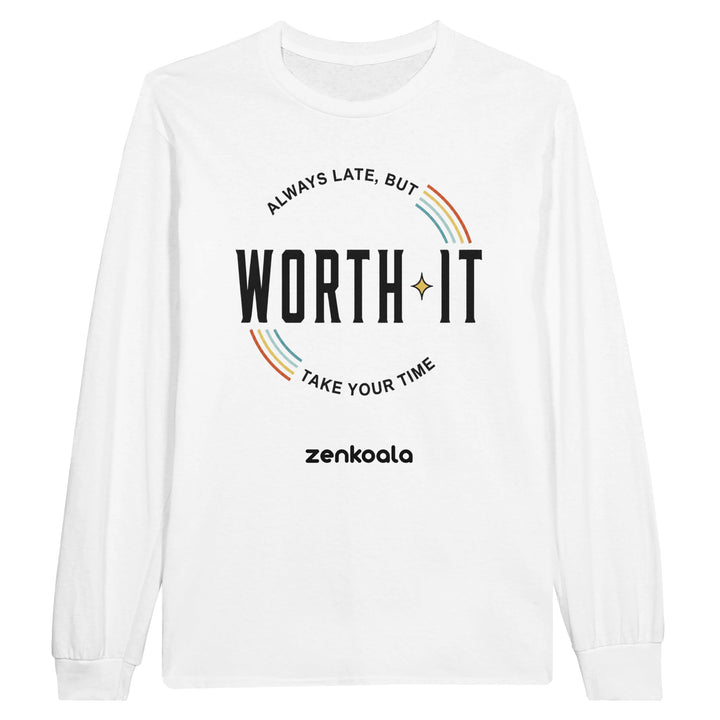 Always Late But Worth It long sleeve tee in white — a retro badge with rainbow stripes and a sparkle, Zen Koala Australia