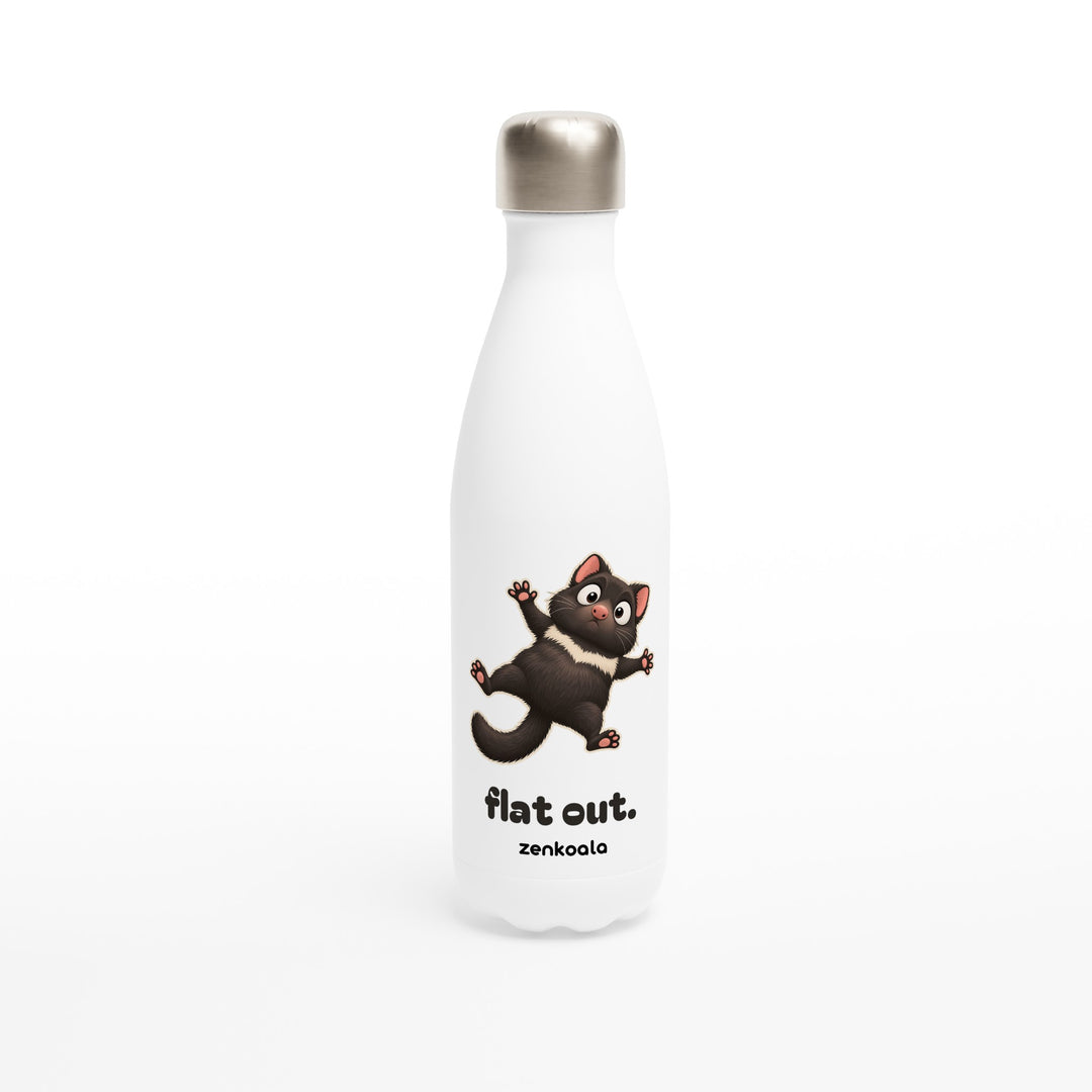 Flat Out feel-good water bottle: a Tasmanian devil sprawled flat, Zen Koala Australia
