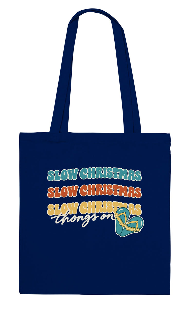 Slow Christmas Thongs On feel-good tote bag in navy, Zen Koala Australia