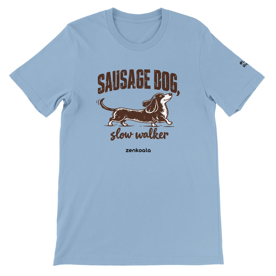 Sausage Dog Slow Walker feel-good tee in light blue, Zen Koala Australia