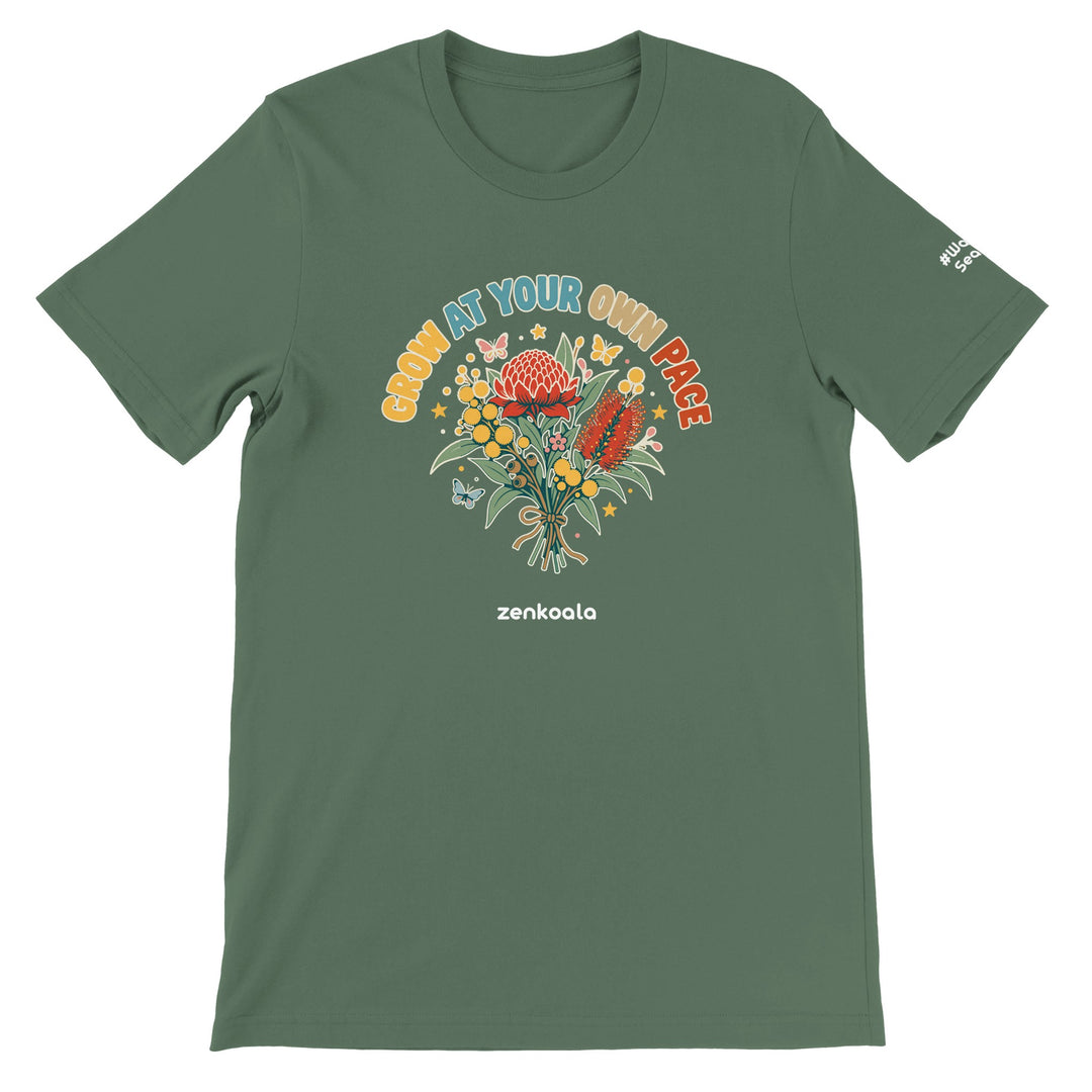 Grow at Your Own Pace feel-good tee in military green, Zen Koala Australia