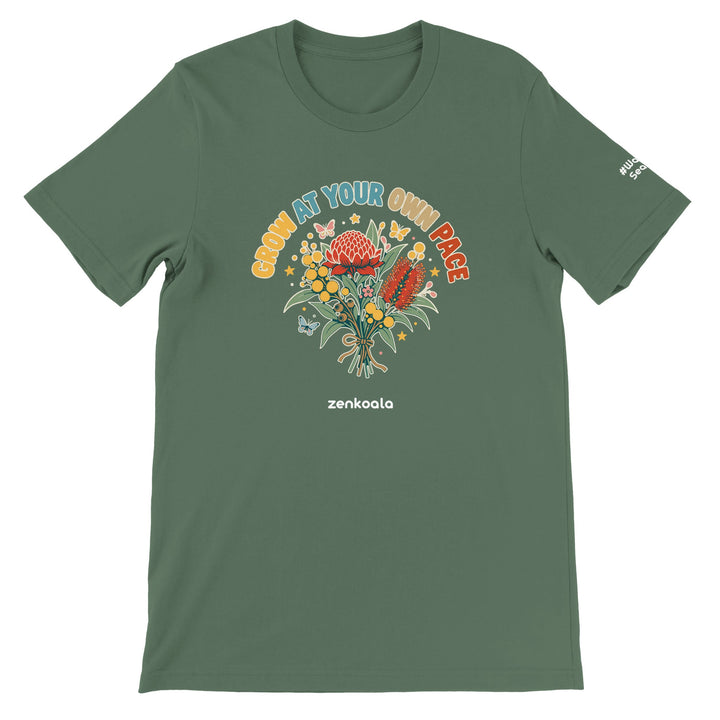 Grow at Your Own Pace feel-good tee in military green, Zen Koala Australia