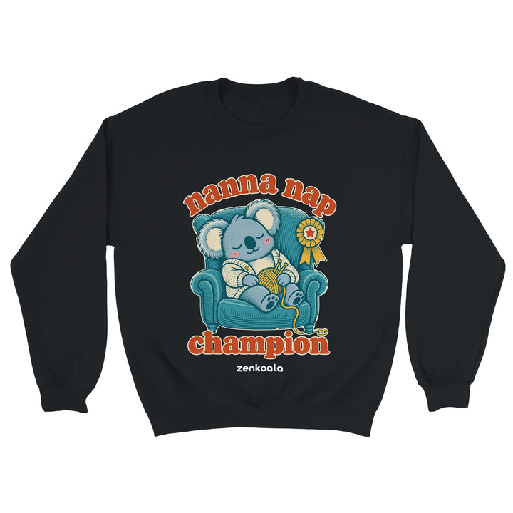 Nanna Nap Champion feel-good sweatshirt in black, Zen Koala Australia