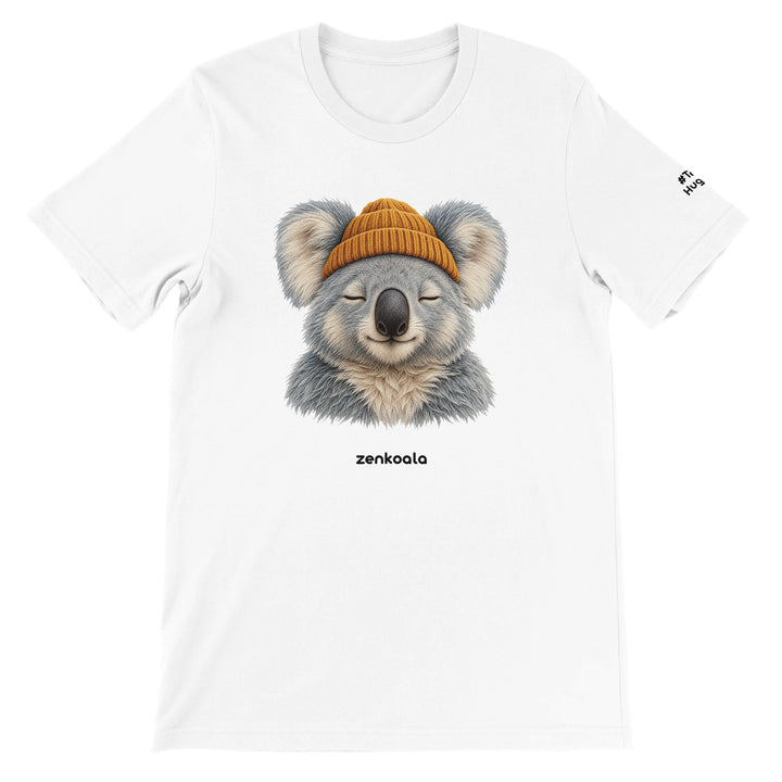 Koala Beanie feel-good tee in white, Zen Koala Australia