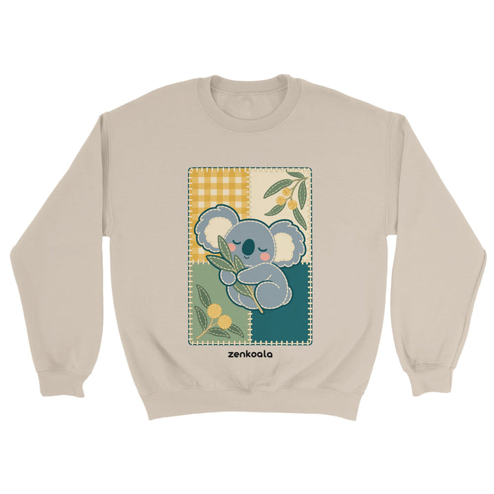 Koala Quilt feel-good sweatshirt in sand: a sleeping koala on a quilt block, Zen Koala Australia