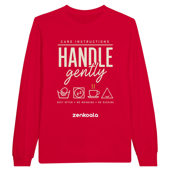Handle Gently Care Instructions long sleeve tee in red — Zen Koala Australia