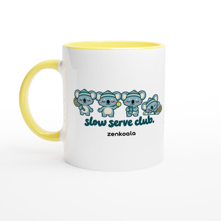 Slow Serve Club mug in yellow: white with a yellow rim, inside and handle, Zen Koala Australia
