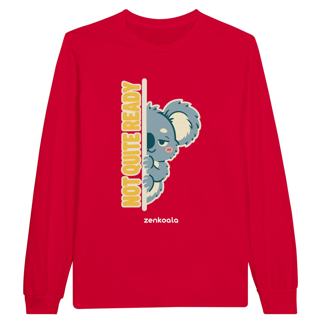 Not Quite Ready feel-good long sleeve tee in red: a sleepy koala peeking round a doorway, Zen Koala Australia