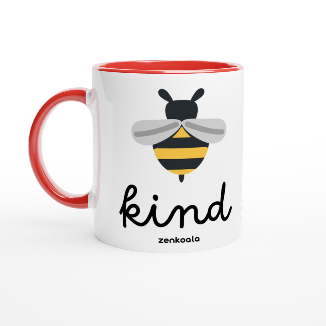 Bee Kind mug in red: white with a red rim, inside and handle, Zen Koala Australia