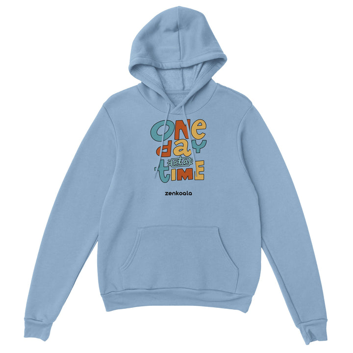 One Day at a Time feel-good hoodie in light blue, Zen Koala Australia