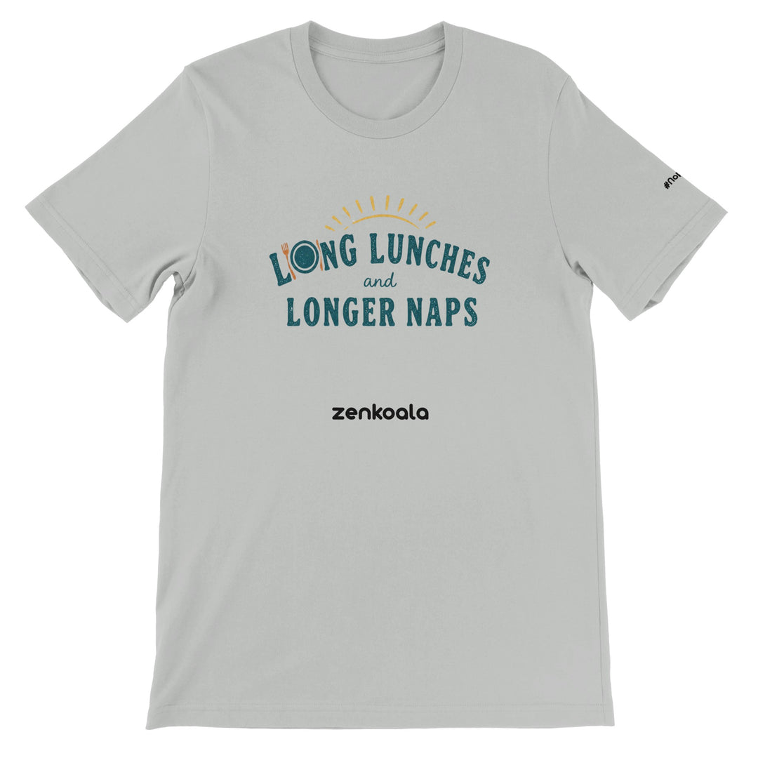 Long Lunches and Longer Naps feel-good tee in silver — Zen Koala Australia