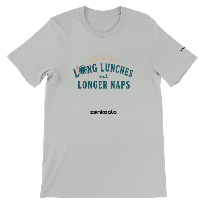 Long Lunches and Longer Naps feel-good tee in silver — Zen Koala Australia