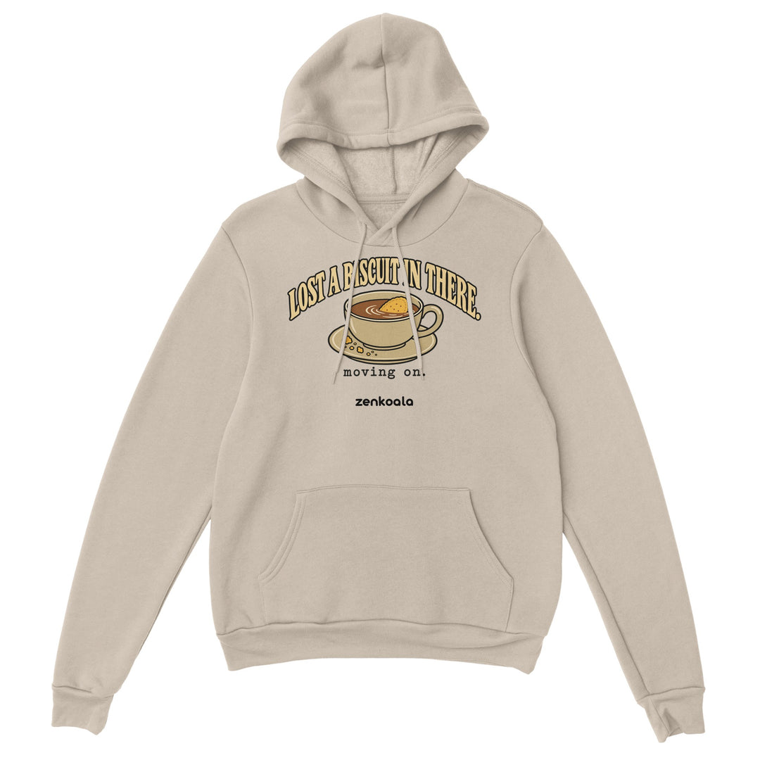 Lost a Biscuit in There feel-good hoodie in sand: a biscuit sinking in a cuppa, Zen Koala Australia