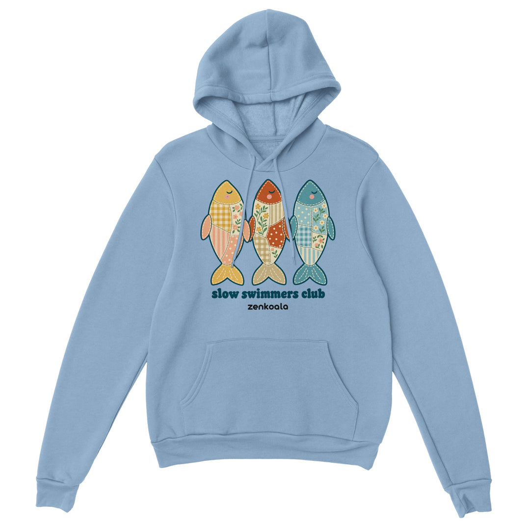 Slow Swimmers Club feel-good hoodie in light blue, Zen Koala Australia