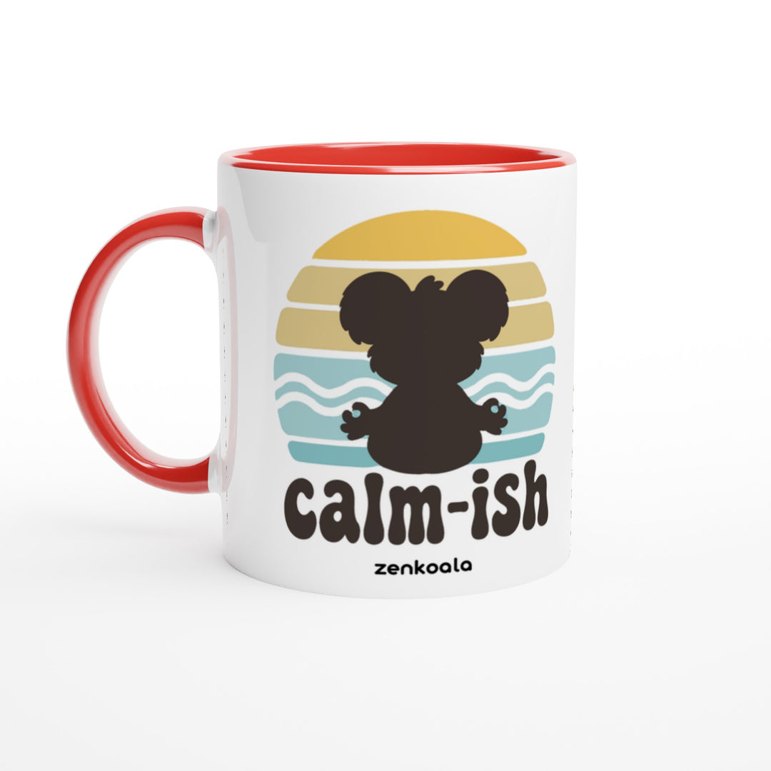 Calm-ish Retro Sunset Koala mug in red: white with a red rim, inside and handle, Zen Koala Australia