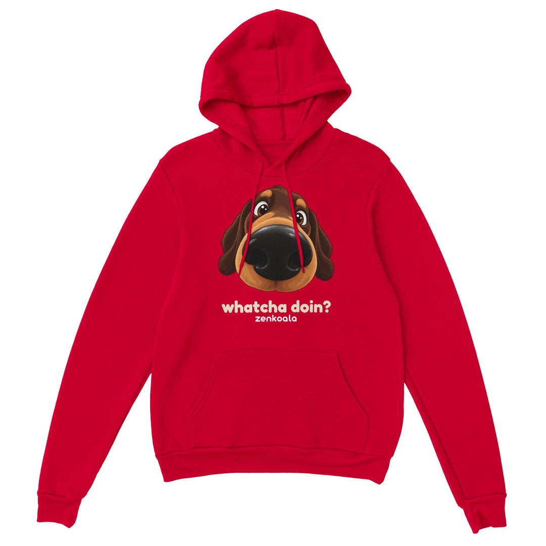 Whatcha Doin? feel-good hoodie in red, Zen Koala Australia