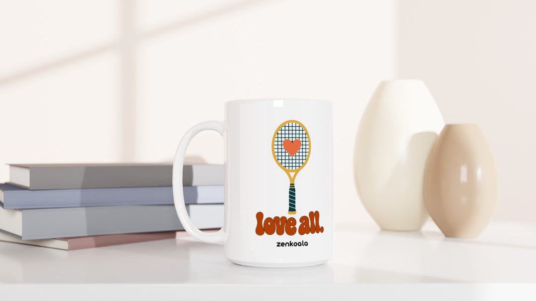 Love All 15oz mug beside books and vases, Zen Koala Australia