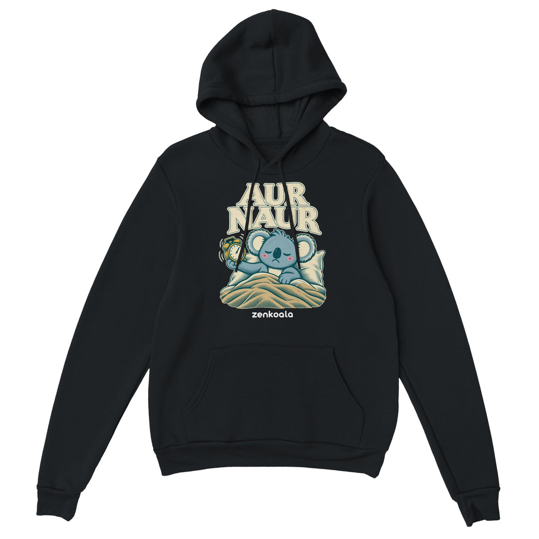 Aur Naur feel-good hoodie in black: a betrayed koala holding a ringing alarm clock, Zen Koala Australia