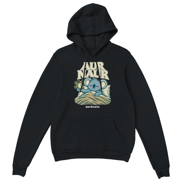 Aur Naur feel-good hoodie in black: a betrayed koala holding a ringing alarm clock, Zen Koala Australia