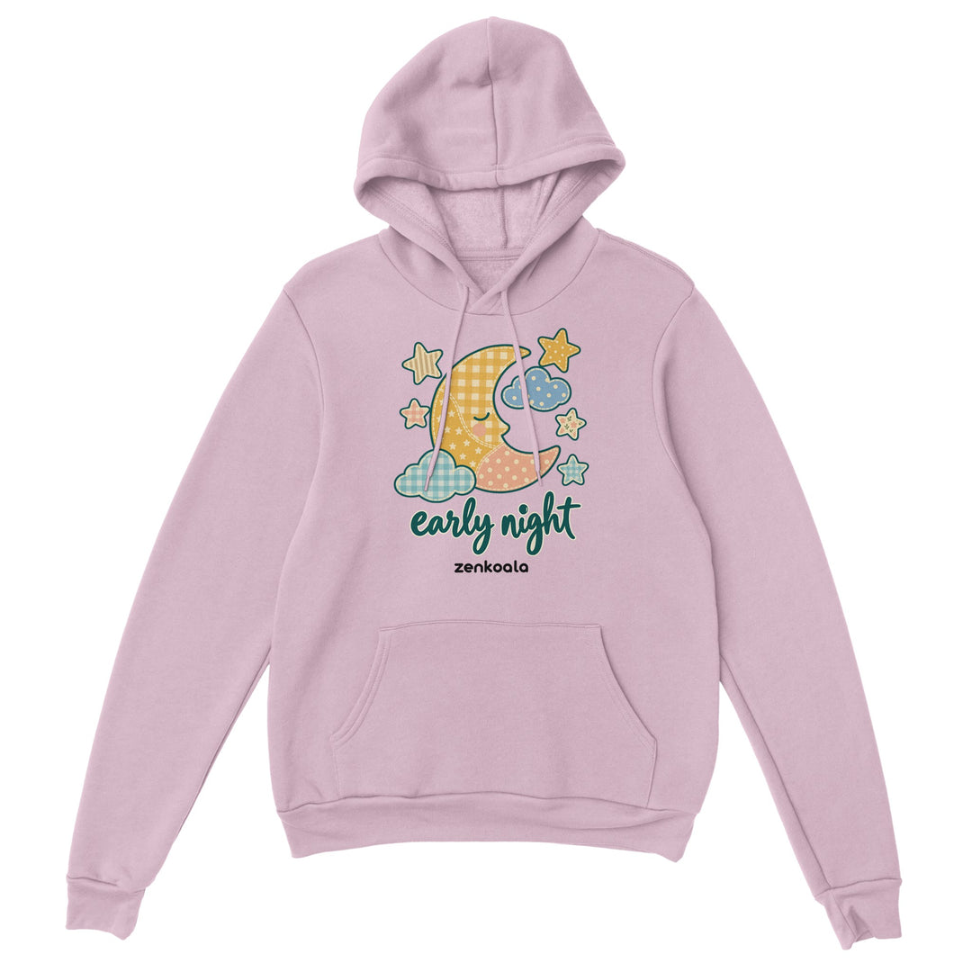 Early Night Moon feel-good hoodie in light pink, Zen Koala Australia