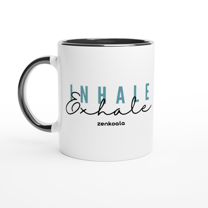 Exhale mug in black: white with a black rim, inside and handle, Zen Koala Australia
