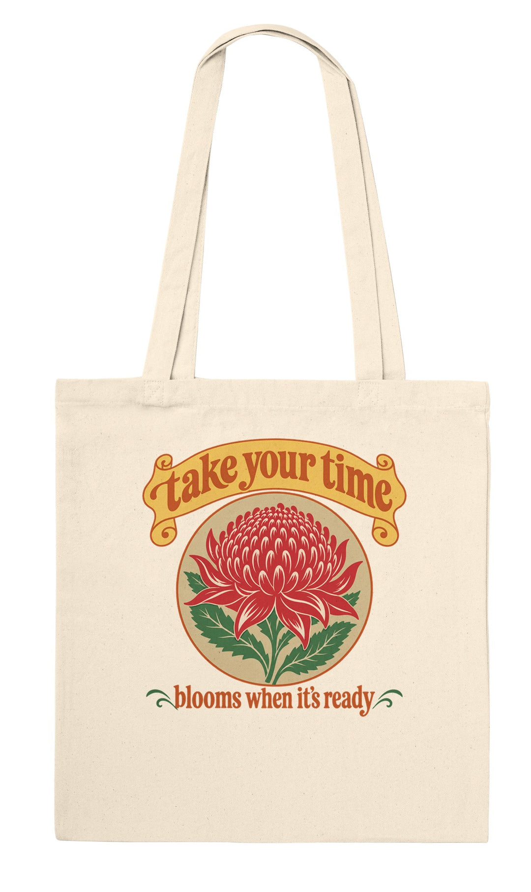 Take Your Time feel-good tote bag in natural: a waratah in bloom, Zen Koala Australia