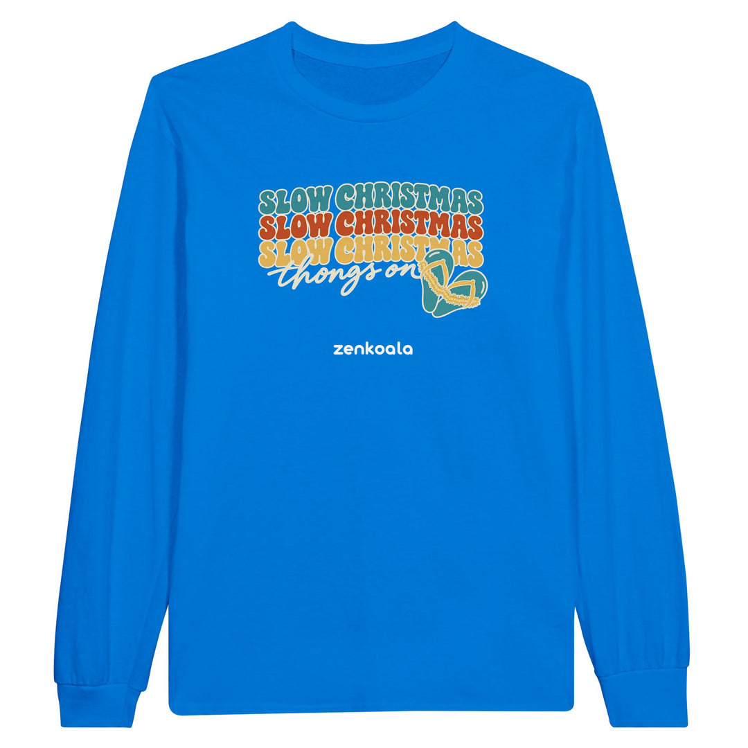 Slow Christmas Thongs On feel-good long sleeve tee in royal, Zen Koala Australia