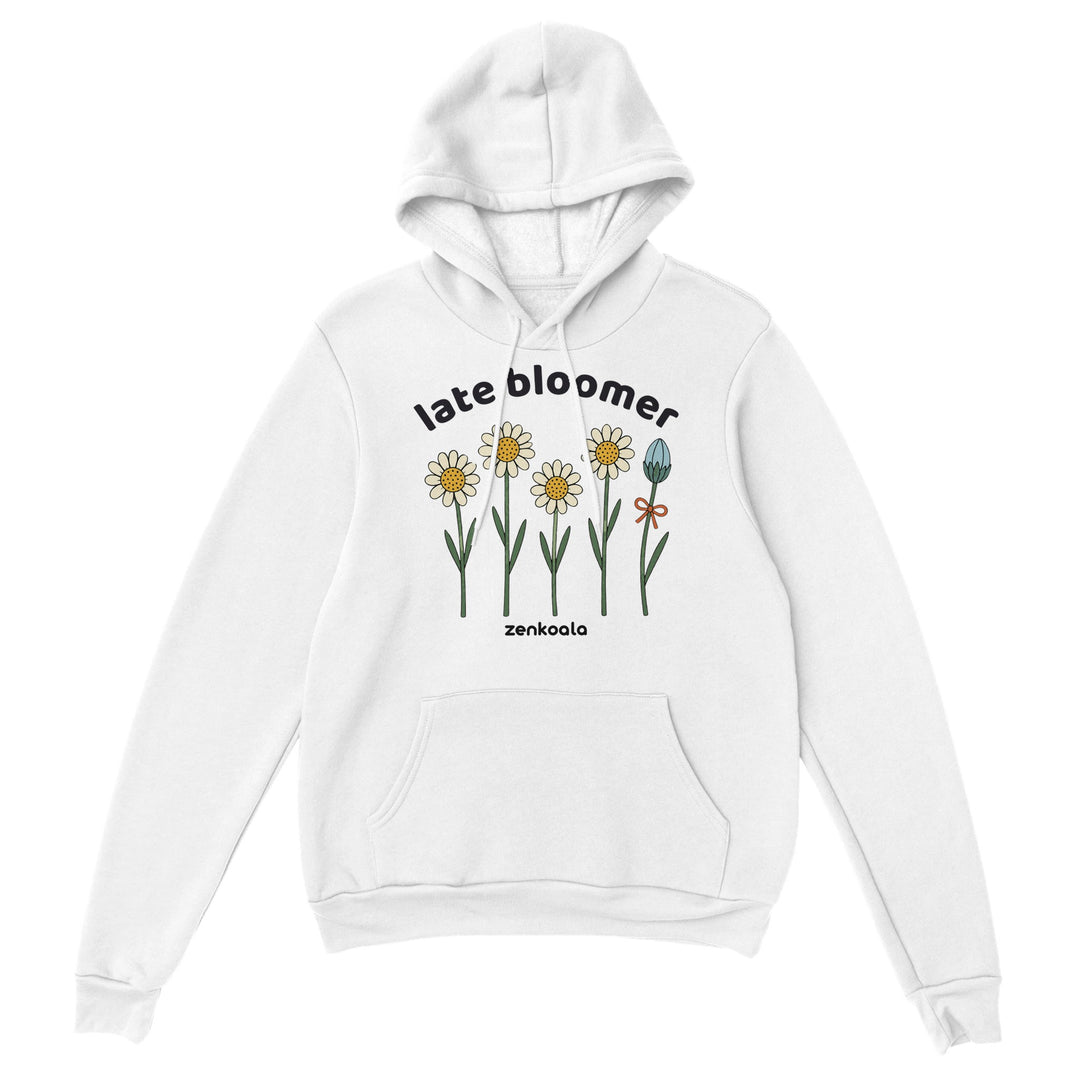 Late Bloomer feel-good hoodie in white, Zen Koala Australia