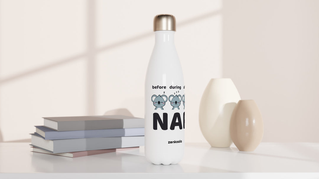 Before Nap Nap After Nap Koala water bottle beside books and vases, Zen Koala Australia
